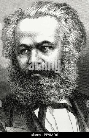 Karl Marx (1818-1883). Deutsche Philosoph, Volkswirt und kommunistischen. Porträt. Kupferstich von capuz. La Ilustracion Espanola y Americana, 1872. Stockfoto