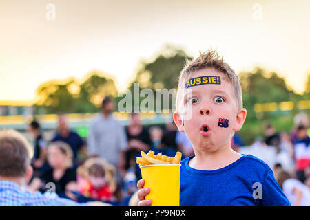 Cute australische junge mit Flag Tattoo auf seinem Gesicht auf Australia Day Feier in Adelaide Stockfoto