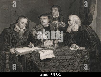 Philipp Melanchthon (1497-1560), reformador religioso y erudito Alemán; Martín Lutero (1483-1546), teólogo, Fraile católico impulsor de la Reforma en Alemania; Johannes Bugenhagen, Llamado doctor Pomeranus (1485-1558), teólogo introductor luterano Alemán de la Reforma de Mecklenburg-vorpommern; Caspar Cruciger (1504-1548) el Viejo, humanista, reformista teólogo y Alemán. Reproducción del Cuadro titulado Alrededor de una Mesa. Grabado de 1864. Stockfoto