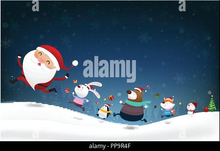 Schneemann Santa Claus und tierischen cartoon Lächeln und Springen mit Glück über fallenden Schnee im winter nacht Hintergrund Vector Illustration Stock Vektor