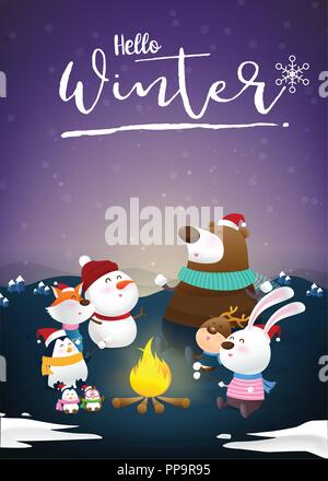 Hallo winter Kalligraphie mit tierischen Freunde cartoon Fuchs Hase eigenen Pinguin Bier und Schnee Mann um das Feuer sitzen mit Glück mit Schneefall am nig Stock Vektor
