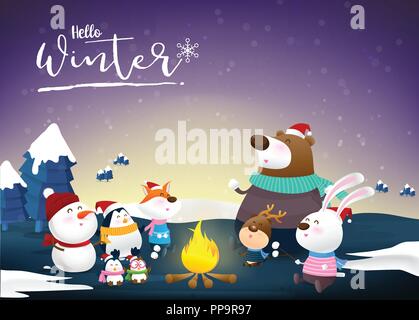 Hallo winter Kalligraphie mit tierischen Freunde cartoon Fuchs Hase eigenen Pinguin Bier und Schnee Mann um das Feuer sitzen mit Glück mit Schneefall am nig Stock Vektor
