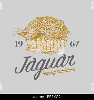 Japanische leopard Logo. Asiatische Katze. Grunge Etikett zu drucken. Wütend Brüllen eines Raubtiers. Abzeichen oder Emblem eingraviert Hand alte Schwarzweiß Vintage Gesicht Skizze gezeichnet Stock Vektor
