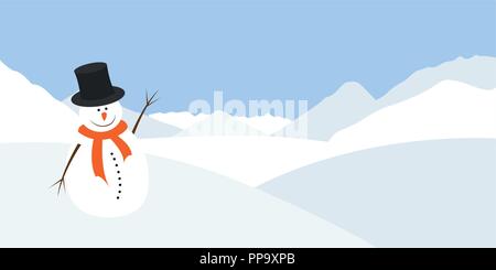 Schneemann mit einem orangefarbenen Schal Wellen in einer Winterlandschaft Vektor-illustration EPS 10. Stock Vektor