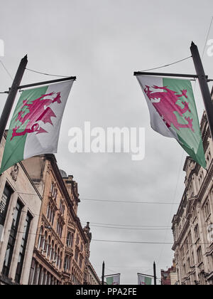 Anzeigen von Wales Flaggen in Cardiff Hauptstraße Stockfoto