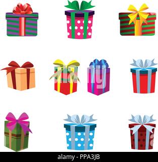 Vektor einrichten von bunten Geschenkboxen auf weißem Hintergrund. Weihnachten, Neujahr, Valentinstag, Geburtstag festliche Symbole clip art präsentiert eingerichtetes b Stock Vektor