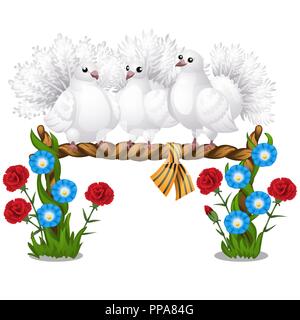 Skizze von einem Plakat mit mehreren schönen weißen Tauben sitzen auf einer Weide barsch und Blumen auf weißem Hintergrund. Vektor cartoon Close-up Abbildung. Stock Vektor