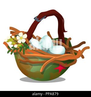 Bird's Nest mit Eiern innerhalb militärischer Helm auf weißem Hintergrund. Symbol der Waffenstillstand und ein Ende des Krieges. Vektor cartoon Close-up Abbildung. Stock Vektor