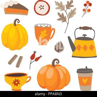 Satz von cute cartoon Thanksgiving Day Icons mit Kürbissen, Kuchen, Kaffee, Zimt Gewürz und Eichenlaub. Herbst Jahreszeit Designs. Herbst Aufkleber Sammlung. Isolierte Vektor scrapbooking Illustrationen. Stock Vektor