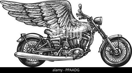 Motorrad- und Flügel, Skizze. Vintage Vector Illustration Stock Vektor