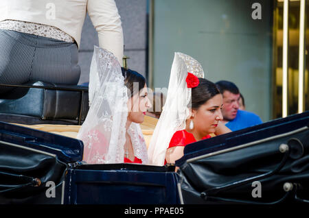 Zwei spanische Frauen, peineta im Pferd, Kutsche sitzend, während Reiterfall, Fuengirola, Málaga, Andalusien, Spanien. Stockfoto