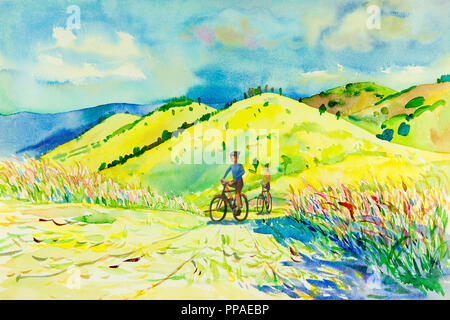 Malerei Aquarell Landschaft original bunte Berge und Hügel, Mann, Frau, Radfahren übung Morgen im Frühling. Von Hand bemalt, blauer Himmel c Stockfoto