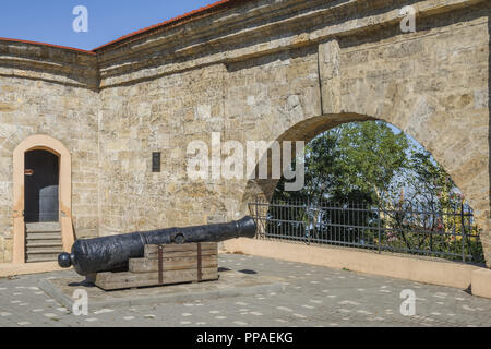 Eine alte Kanone auf die Bogen auf die Überreste der Arcade Quarantäne Wand in Fortess Yeni Dünya oder Khadzhibey Fortess (XVIII Jahrhundert) Stockfoto