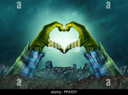 Zombie monster Hand Herz Hintergrund in eine gruselige Nacht Friedhof als Halloween grüne Arme, die sich aus einem Friedhof Grab. Stockfoto