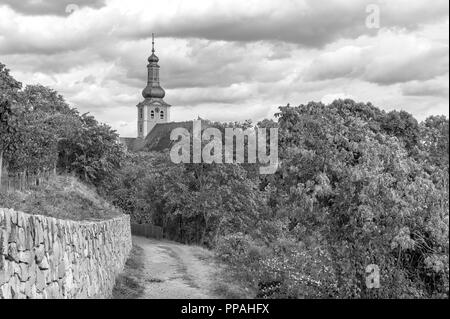 Wanderweg "Panoramaweg" mit Blick auf die Pauluskirche in Bad Kreuznach, Rheinland-Pfalz, Deutschland. Stockfoto