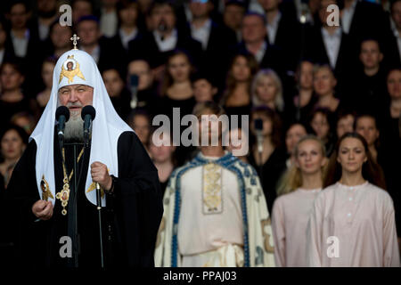 Patriarch Kyrill von Moskau und ganz Russland spricht bei einem Konzert Kennzeichnung Tag der slawischen Sprache und Kultur auf dem Roten Platz in Moskau, Russland geschrieben Stockfoto