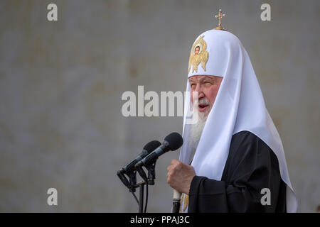 Patriarch Kyrill von Moskau und ganz Russland spricht bei einem Konzert Kennzeichnung Tag der slawischen Sprache und Kultur auf dem Roten Platz in Moskau, Russland geschrieben Stockfoto