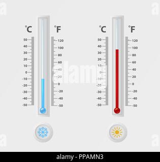 Zwei Vektor realistische 3D-Celsius und Fahrenheit Meteorologie, Wetter thermometer Zeichen Symbol closeup auf weißem Hintergrund. Clip Art, Design Template für Grafiken. Thermometer mit verschiedenen Ebenen - Frost und heiß, Winter und Sommer Konzept Stock Vektor