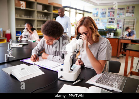 High School Studenten durch Mikroskop im Biologieunterricht Stockfoto