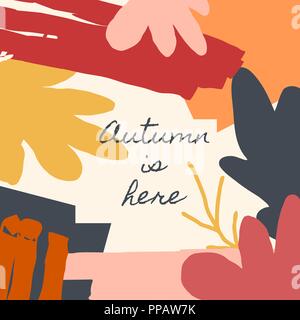 Herbst Design mit abstrakten Formen und Blätter in Orange, Gelb, Pink, Rot und Braun auf Hellgelben Hintergrund. Text "Der Herbst ist hier". Wall Art, gre Stock Vektor