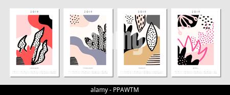 Vier bedruckbaren Format A4 2019 Kalender Vorlagen für Januar, Februar, März und April. Abstrakte geometrische und von der Natur inspirierten Formen in Schwarz, Pastell Stock Vektor