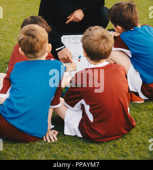 Kinder Fußball-Mannschaft mit Trainer auf dem Fußballplatz. Jugend Trainer erklären die Taktik Board. Jungen hören Trainer Anweisungen vor dem Sport zu Stockfoto