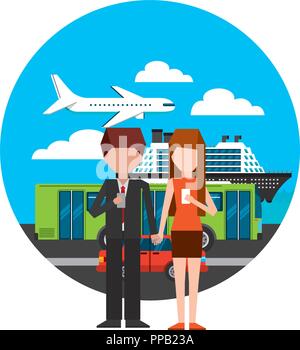 Gps-navigation Transport Aufkleber City Cruise Bus und Flugzeug paar Standorte Vector Illustration Stock Vektor