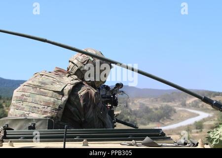 Us-Armee Cpl. Jose Negrun, ein Soldat nach Indien unterstützt Unternehmen zugewiesen sind, 2.BATAILLON, 5th Cavalry Regiment, 1st Armored Brigade Combat Team, 1.Kavallerie Division, feuert eine M-240 B Maschinengewehr während einer Tabelle fünf un-schießwesen stabilisiert, Novo Selo, Bulgarien, 14. August 2018. Diese Übung ist zur Unterstützung der Atlantischen lösen, ein bleibendes Training übung zwischen der NATO und der US-Streitkräfte. Stockfoto