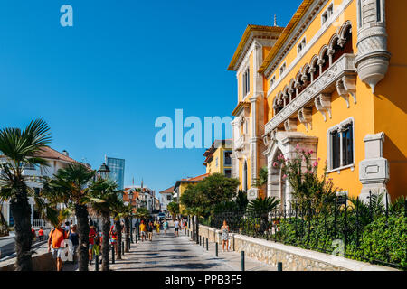 Cascais, Portugal - Sept 23, 2018: die Fassade der Casa L. Perestrelo De Vasconcelos, im frühen 20. Jahrhundert als typische portugiesische Palast Stockfoto