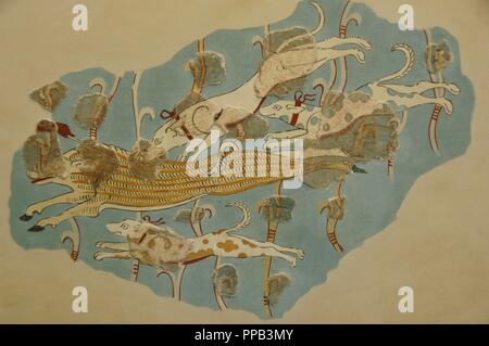 Wildschwein Jagd. Fresko zwischen 14. und 13. Jahrhundert v. Chr. datiert. Zweite Palast von Tiryns Nationalen Archäologischen Museum. Athen. Griechenland. Stockfoto