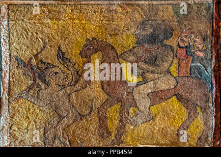 Innenraum; Prophet Mohammed der Hölle in Ketten auf dem Pferd geführt. Debre Birhan Selassie Kirche, Gonder, Äthiopien, UNESCO Weltkulturerbe Stockfoto