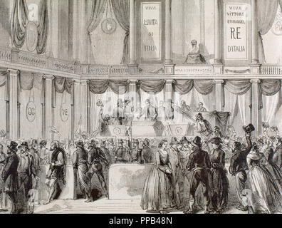 Einheit Italiens (1859-1924). Franz II., König von Sizilien (1859-1860) wurde zur Abdankung gezwungen, während einer Volksabstimmung (21./22. Oktober 1860) Die Union der beiden Sizilien an das neue Königreich Italien sanktioniert. Stimmen Sie für die Annexion der beiden Königreich Sizilien mit dem italienischen Königreich in einem Raum an der Universität Neapel. Gravur von "L'Illustration Journal Universel". Stockfoto