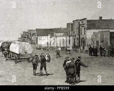 In den Vereinigten Staaten. Purcell. Oklahoma. Main Street, nachdem das Land Rush, 1889. Gravur in der Zeitung 'Frank Leslie's" veröffentlicht En 1889. Stockfoto