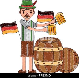 Bayerischer Mann mit Bier und Barrel flags Feier Vector Illustration Stock Vektor