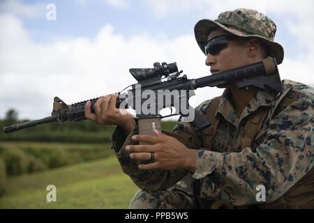 Cpl. Justin Lara passt seine Schleuder während seiner Zündung Zeit während der Teilnahme an einem Kampf Treffsicherheit Trainer Kurs im Camp Hansen, Okinawa, Japan, August 14, 2018. Lara, ein Eingeborener von Austin, Texas, und ein rifleman mit 2Nd Battalion, 3. Marine Regiment. "Auf der Strecke, die Sie brauchen Vertrauen - Vertrauen, Vertrauen in sich selbst zu gehen, und das Vertrauen in ihre Schüsse," sagte er. Lara sagte er strebt Treffsicherheit zu lehren seinen Mitsoldaten zu helfen zu verbessern und ist an der Wahrscheinlichkeit der CMC-Kurs ihm gegeben hat aufgeregt. Stockfoto