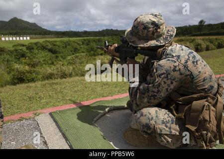 Cpl. Justin Lara gilt die Grundlagen des Schießens in der sitzenden Position während einer Bekämpfung der Treffsicherheit Trainer Kurs im Camp Hansen, Okinawa, Japan, August 14, 2018. Lara, ein Eingeborener von Austin, Texas, USA, ist ein rifleman mit 2Nd Battalion, 3. Marine Regiment. "Ich denke, die Grundlagen sind wichtig, weil sie Sie von sharpshooter zu Experten nehmen können", sagte er. "Wenn Sie sehr auf die Grundlagen, es kann viel verändern." Lara sagte, er genießt den Kurs, weil er Coaching versteht sich als eine große Hilfe für Marines besser schützen. Stockfoto