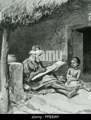 Ein alter Mann zu lehren, ein Kind zu schreiben. Französischen Sudan. 1893. Stockfoto