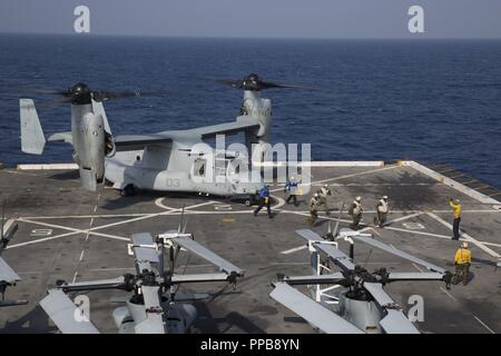 MINDANAO MEER - US-Marines in einem MV-22 B Osprey mit Marine Medium Tiltrotor Squadron 166 verstärkt, 13 Marine Expeditionary Unit (MEU), für Marinesoldaten und Matrosen warten, um Sie zu befreien, bevor Flug an Bord der San Antonio-Klasse amphibious Transport dock USS Anchorage LPD (23), die während einer planmäßigen Einsatz der Essex Amphibious Ready Group (ARG) und 13 MEU, 17. August 2018. Das Essex ARG/13 MEU ist ein fähiger und tödliche Navy-Marine Corps Team der 7 Bereich der Flotte im Einsatz der regionalen Stabilität zu unterstützen, Partner und Verbündeten beruhigen und pflegen eine Präsenz posierten zu r Stockfoto