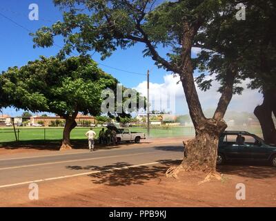 Us Air Force Staff Sgt. Nick Hochmuth, eine Küche Aufsichtsplatz, zu der 109 Luftbrücke Flügel zugeordnet, wird ein Feuerlöscher nach dem Setzen eines Fahrzeugs Brand außerhalb der Mitchell Pauole Community Center in Molokai, Hi., August 20, 2018. Hochmuth ist ein freiwilliger Feuerwehrmann und Feuer Polizei Hauptmann mit den Delanson Freiwillige Feuerwehr. Stockfoto