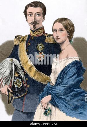 Friedrich ich (1826-1907). Großherzog von Baden mit seiner Frau Prinzessin Louise von Preußen (1838-1923). Gravur. Das illustrierte Universum (Univers Illustre), 1862. Farbige. Stockfoto