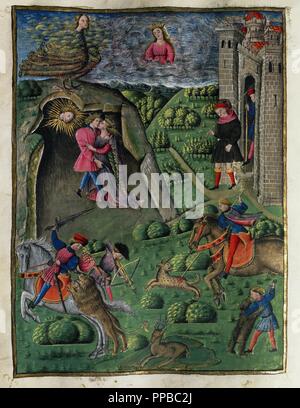 Virgil (70Bc-19 v. Chr.). Antike römische Dichter. Die Aeneis. Miniatur.  15. Jahrhundert. VI-Buch. Dido verliebt sich in Aeneas. Archiv der Universität Valencia. Spanien. Stockfoto