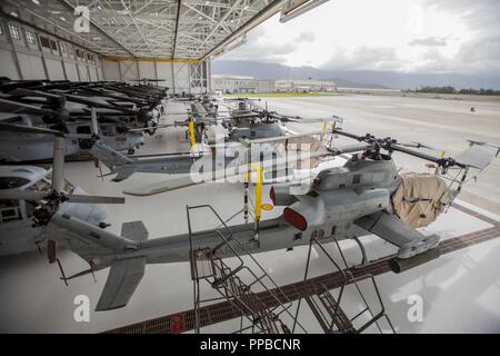 Us-Marines sichere Fahrzeuge, Flugzeuge und Anlagen vor dem Hurricane Lane Ankunft in Marine Corps Air Station (WAB) Kaneohe Bay, Marine Corps Base Hawaii (MCBH), 22.08.2018. Für die Sicherheit und den Schutz der Vermögenswerte, der US-Marines verhalten Hurrikan Vorbereitungen an Bord der Installation. Stockfoto