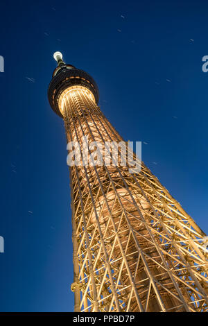 TOKYO, Japan - 17 Feb 2018: Tokyo Skytree Turm von Unten, Low Angle Shot an der blauen Stunde. Die höchsten Gebäude in Japan. Stockfoto
