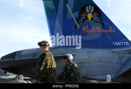 Die Royal Canadian Air Force Pilot und Crew Chief Verhalten vor auf dem Flug Linie 22.08.2018, bei Eielson Air Force Base, Alaska. Rote Fahne - Alaska findet in der Himmel über dem Gemeinsamen Pacific Alaska Range Komplex erstreckt sich über mehr als 67.000 Quadratkilometer des Luftraums eines der größten Training liegt in der Welt. Stockfoto