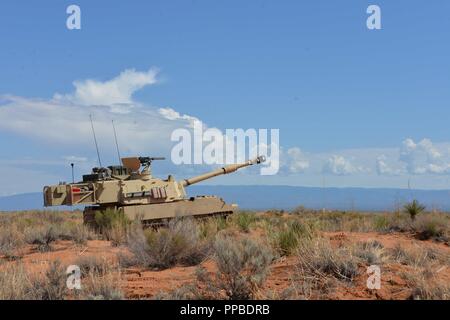 M109 Haubitze/Paladin ist auf der Schusslinie während eines Lebens Feuer Übung an einem Trainingsgelände in der Nähe von Ft. Bliss, Texas. Der 30 gepanzerte Brigade exportierbar Combat Training (XCTC) Übung über 4.000 Bürger Soldaten aus North Carolina, South Carolina, West Virginia, Minnesota, und das Land, in dem die Republik Moldau ihre Kampftechniken von "Shoot Hone, Bewegen, Kommunizieren und Sustain". Stockfoto