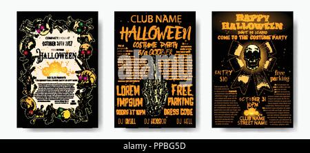 Halloween Kostüm Party Einladung und Grußkarten, Flyer, Banner, Poster vorlagen. Hand gezeichneten Schädel und Knochen Elemente und handschriftliche Tinte lassen Stock Vektor