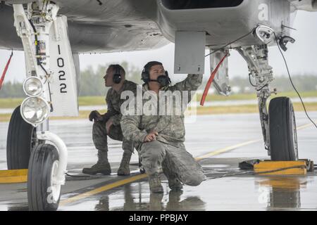 Us Air Force Mitarbeiter Sgts. Andrew und Stephen Chochran Schiefer, 144 Aircraft Maintenance Squadron crew Chiefs, Pre-flight Operation prüft an einer F-15C Eagle fighter Jet vom 144 Fighter Wing an der roten Flagge Alaska 18-3 bei Joint Base Elmendorf-Richardson, Alaska, 15. August 2018. Rote Flagge Alaska ist ein Pacific Air Kräfte - Regie Feld Training für internationale und US-amerikanische Truppen unter simulierten Luftkampf Bedingungen. Stockfoto