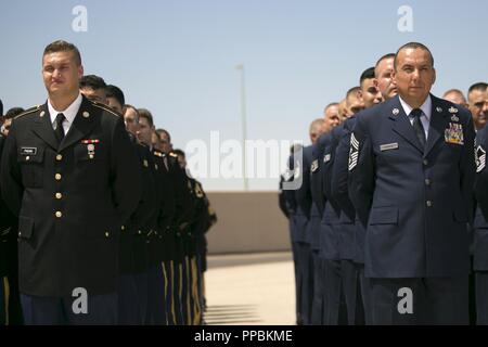 Arizona National Guard Soldaten und Piloten machen Ehren zu Senator John McCain als seine Überreste zu einem Boeing C-32 Flug in Barry Goldwater California Air National Guard Base in Phoenix 30. August übertragen werden. Die Arizona National Guard militärischen Ehren platoon zur Verfügung würdige Übertragungen von der Senator bleibt zum und vom Capitol Building und Arizona Luft Wachposten seine würdige bei der Barry Goldwater California Air National Guard base erleichtert. (Arizona National Guard Stockfoto