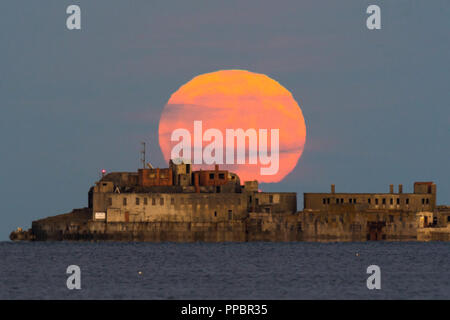 Dorchester, Dorset, Großbritannien. 24. September 2018. UK Wetter. Die Harvest Moon erhebt sich hinter dem historischen des 19. Jahrhunderts Portland Wellenbrecher Fort auf der äußeren Mole Portland Harbour in Dorset. Der jetzt aufgegebenen fort Auch bekannt als Karierten Fort wurde zwischen 1868 und 1878 erbaut und steht unter Denkmalschutz. Foto: Graham Jagd-/Alamy leben Nachrichten Stockfoto