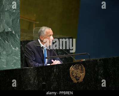 (180924) - DIE VEREINTEN NATIONEN, Sept. 24, 2018 (Xinhua) - portugiesische Präsident Marcelo Rebelo de Sousa Adressen der Nelson Mandela Peace Summit während der jährlichen Top der laufenden UN-Generalversammlung treffen auf das UN-Hauptquartier in New York, Sept. 24, 2018. Generalsekretär der Vereinten Nationen, Antonio Guterres sagte Montag, Nelson Mandela die höchsten Werte der Welt Körper verkörpert, in Erinnerung an den Verstorbenen Südafrikanischen Führer, ein Markenzeichen im Kampf gegen die Apartheid war. (Xinhua / Qin Lang) Stockfoto